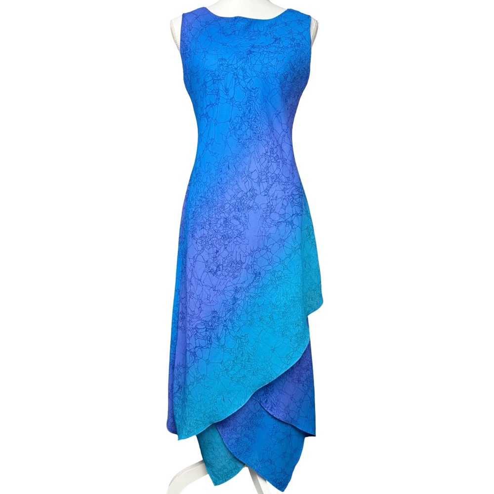 Blue Watercolor Handkerchief Hem Layered Midi Dress Sleeveless Size 6